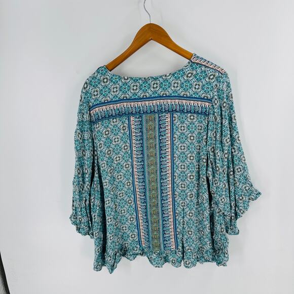Jones New York Boho Floral Peasant Blouse Blue Multicolor Ruffle Hem Size 2X - Picture 2 of 7